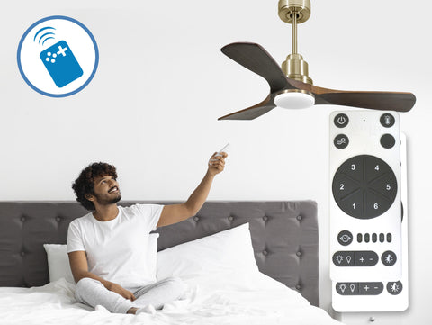 Ventilador de techo Reversible Termostato Dimable Wifi Motor DC Techos Inclinados Mando a Distancia Luz tres tonos Hypersilence Memoria 7