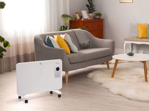 Radiador digital de aluminio 1000W, diseño extraplano, blanco, con control WiFi, apto para baño