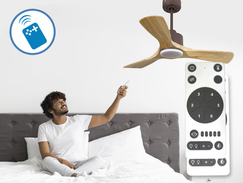 Ventilador de techo Reversible Termostato Dimable Wifi Motor DC Techos Inclinados Mando a Distancia Luz tres tonos Hypersilence Memoria 6