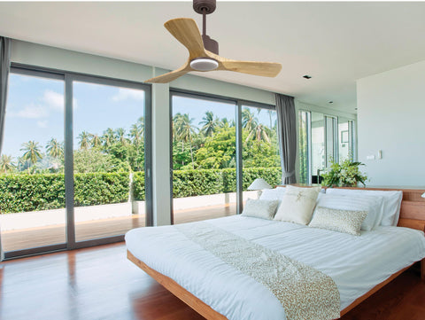 Ventilador de techo Reversible Termostato Dimable Wifi Motor DC Techos Inclinados Mando a Distancia Luz tres tonos Hypersilence Memoria 7