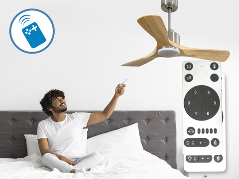 Ventilador de techo Reversible Termostato Dimable Wifi Motor DC Techos Inclinados Mando a Distancia Luz tres tonos Hypersilence Memoria 2