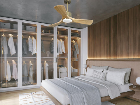 Ventilador de techo Reversible Termostato Dimable Wifi Motor DC Techos Inclinados Mando a Distancia Luz tres tonos Hypersilence Memoria 4