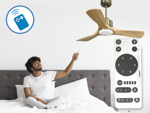 Ventilador de techo Reversible Termostato Dimable Wifi Motor DC Techos Inclinados Mando a Distancia Luz tres tonos Hypersilence Memoria 5