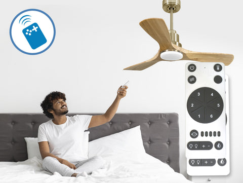 Ventilador de techo Reversible Termostato Dimable Wifi Motor DC Techos Inclinados Mando a Distancia Luz tres tonos Hypersilence Memoria 4