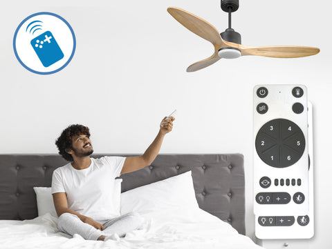 Ventilador de techo Reversible Termostato Dimable Wifi Motor DC Techos Inclinados Mando a Distancia Luz tres tonos Hypersilence Memoria 3