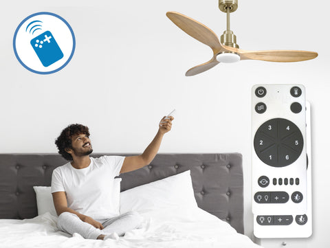 Ventilador de techo Reversible Termostato Dimable Wifi Motor DC Techos Inclinados Mando a Distancia Luz tres tonos Hypersilence Memoria 5