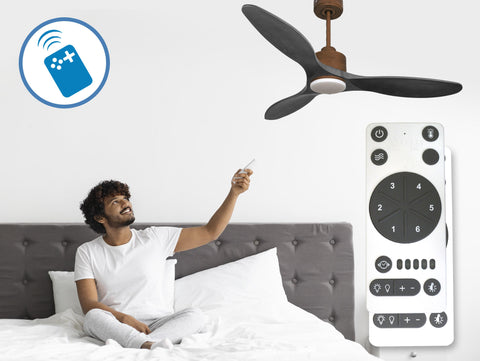 Ventilador de techo Reversible Termostato Dimable Wifi Motor DC Techos Inclinados Mando a Distancia Luz tres tonos Hypersilence Memoria 6