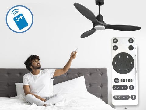 Ventilador de techo Reversible Termostato Dimable Wifi Motor DC Techos Inclinados Mando a Distancia Luz tres tonos Hypersilence Memoria 6