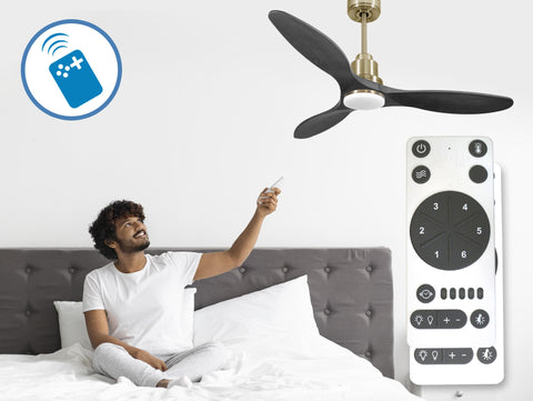 Ventilador de techo Reversible Termostato Dimable Wifi Motor DC Techos Inclinados Mando a Distancia Luz tres tonos Hypersilence Memoria 3