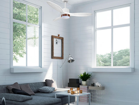 Ventilador de techo Modo Invierno/Verano Termostato Dimable Wifi Motor DC Techos Inclinados Mando a Distancia Luz tres tonos Hypersilence Memoria