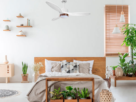 Ventilador de techo Modo Invierno/Verano Termostato Dimable Wifi Motor DC Techos Inclinados Mando a Distancia Luz tres tonos Hypersilence Memoria