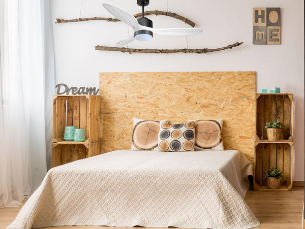 Ventilador de techo Modo Invierno/Verano Termostato Dimable Wifi Motor DC Techos Inclinados Mando a Distancia Luz tres tonos Hypersilence Memoria