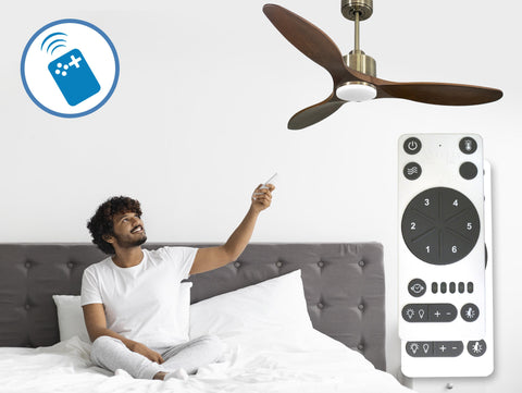 Ventilador de techo Reversible Termostato Dimable Wifi Motor DC Techos Inclinados Mando a Distancia Luz tres tonos Hypersilence Memoria 3