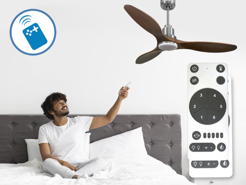 Ventilador de techo Reversible Termostato Dimable Wifi Motor DC Techos Inclinados Mando a Distancia Luz tres tonos Hypersilence Memoria 6
