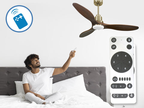 Ventilador de techo Reversible Termostato Dimable Wifi Motor DC Techos Inclinados Mando a Distancia Luz tres tonos Hypersilence Memoria 6