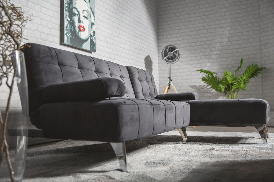 Sofa-cama chaise longue reversible, sin anclaje aroa xs, negro aterciopelado, 3 plazas, 198x150 cm_3