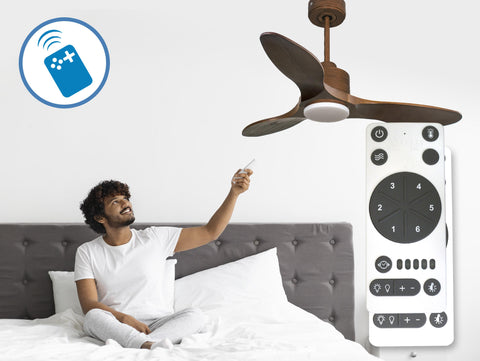 Ventilador de techo Reversible Termostato Dimable Wifi Motor DC Techos Inclinados Mando a Distancia Luz tres tonos Hypersilence Memoria 6