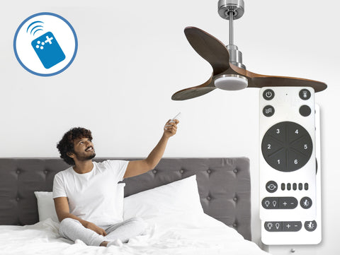 Ventilador de techo Reversible Termostato Dimable Wifi Motor DC Techos Inclinados Mando a Distancia Luz tres tonos Hypersilence Memoria 7