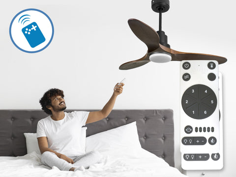 Ventilador de techo Reversible Termostato Dimable Wifi Motor DC Techos Inclinados Mando a Distancia Luz tres tonos Hypersilence Memoria 6