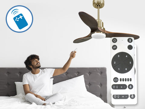 Ventilador de techo Reversible Termostato Dimable Wifi Motor DC Techos Inclinados Mando a Distancia Luz tres tonos Hypersilence Memoria 4