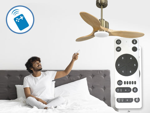 Ventilador de techo Reversible Termostato Dimable Wifi Motor DC Techos Inclinados Mando a Distancia Luz tres tonos Hypersilence Memoria 6