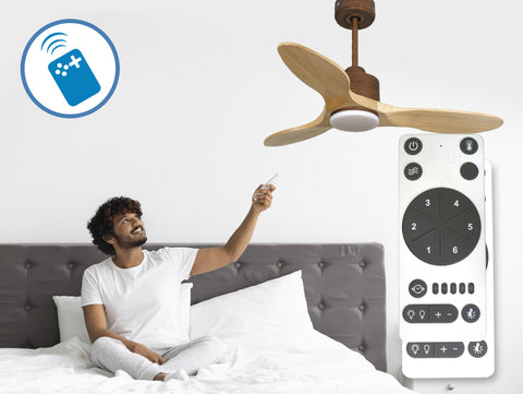 Ventilador de techo Reversible Termostato Dimable Wifi Motor DC Techos Inclinados Mando a Distancia Luz tres tonos Hypersilence Memoria 6