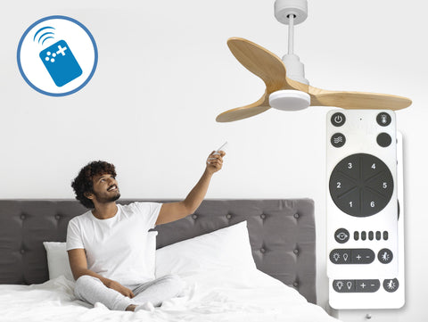 Ventilador de techo Reversible Termostato Dimable Wifi Motor DC Techos Inclinados Mando a Distancia Luz tres tonos Hypersilence Memoria 4