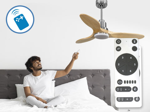 Ventilador de techo Reversible Termostato Dimable Wifi Motor DC Techos Inclinados Mando a Distancia Luz tres tonos Hypersilence Memoria 7