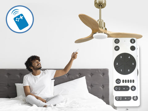 Ventilador de techo Reversible Termostato Dimable Wifi Motor DC Techos Inclinados Mando a Distancia Luz tres tonos Hypersilence Memoria 7