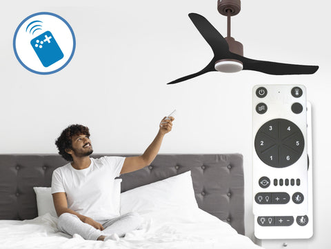 Ventilador de techo Reversible Termostato Dimable Wifi Motor DC Techos Inclinados Mando a Distancia Luz tres tonos Adaptador 2/3 Aspas Hypersilence Memoria 5