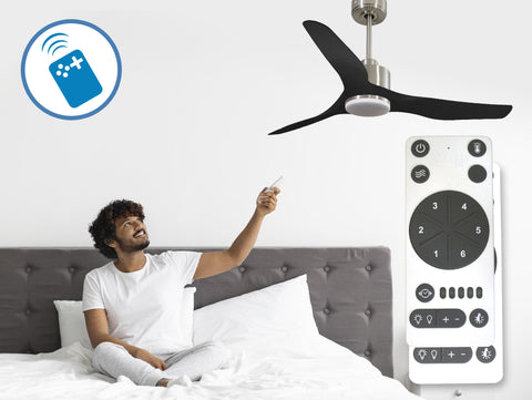 Ventilador de techo Reversible Termostato Dimable Wifi Motor DC Techos Inclinados Mando a Distancia Luz tres tonos Adaptador 2/3 Aspas Hypersilence Memoria 2