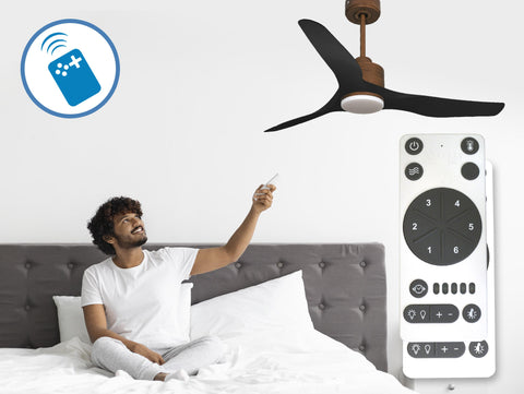 Ventilador de techo Reversible Termostato Dimable Wifi Motor DC Techos Inclinados Mando a Distancia Luz tres tonos Adaptador 2/3 Aspas Hypersilence Memoria 3