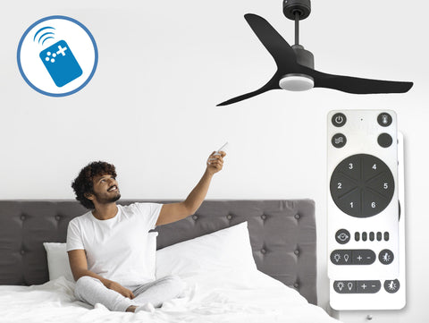 Ventilador de techo Reversible Termostato Dimable Wifi Motor DC Techos Inclinados Mando a Distancia Luz tres tonos Adaptador 2/3 Aspas Hypersilence Memoria 6
