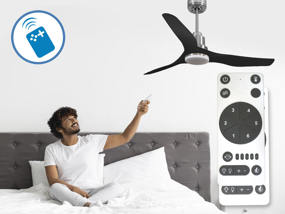 Ventilador de techo Reversible Termostato Dimable Wifi Motor DC Techos Inclinados Mando a Distancia Luz tres tonos Adaptador 2/3 Aspas Hypersilence Memoria 3