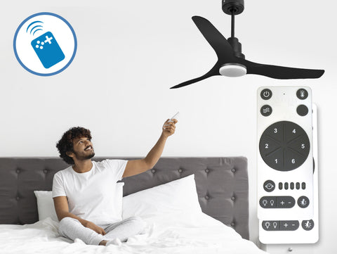 Ventilador de techo Reversible Termostato Dimable Wifi Motor DC Techos Inclinados Mando a Distancia Luz tres tonos Adaptador 2/3 Aspas Hypersilence Memoria 5