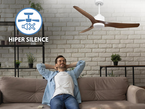Ventilador de techo Reversible Termostato Dimable Wifi Motor DC Techos Inclinados Mando a Distancia Luz tres tonos Adaptador 2/3 Aspas Hypersilence Memoria 3