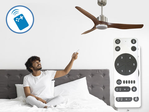 Ventilador de techo Reversible Termostato Dimable Wifi Motor DC Techos Inclinados Mando a Distancia Luz tres tonos Adaptador 2/3 Aspas Hypersilence Memoria 5