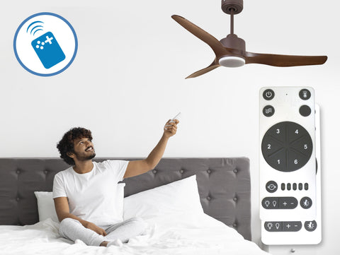 Ventilador de techo Reversible Termostato Dimable Wifi Motor DC Techos Inclinados Mando a Distancia Luz tres tonos Adaptador 2/3 Aspas Hypersilence Memoria 3