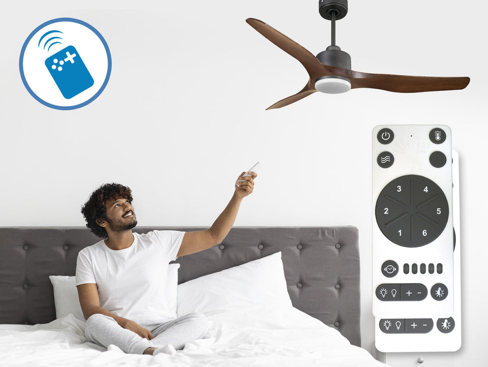 Ventilador de techo Reversible Termostato Dimable Wifi Motor DC Techos Inclinados Mando a Distancia Luz tres tonos Adaptador 2/3 Aspas Hypersilence Memoria 2