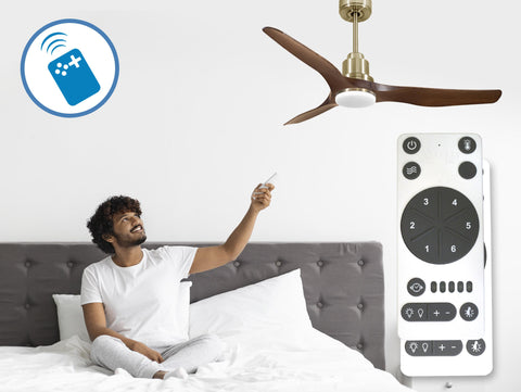 Ventilador de techo Reversible Termostato Dimable Wifi Motor DC Techos Inclinados Mando a Distancia Luz tres tonos Adaptador 2/3 Aspas Hypersilence Memoria 7