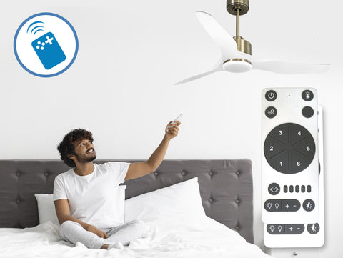 Ventilador de techo Reversible Termostato Dimable Wifi Motor DC Techos Inclinados Mando a Distancia Luz tres tonos Adaptador 2/3 Aspas Hypersilence Memoria 4