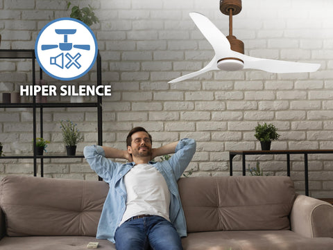 Ventilador de techo Reversible Termostato Dimable Wifi Motor DC Techos Inclinados Mando a Distancia Luz tres tonos Adaptador 2/3 Aspas Hypersilence Memoria 3