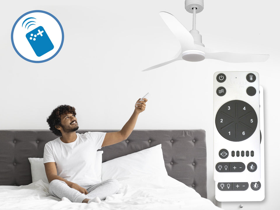 Ventilador de techo Reversible Termostato Dimable Wifi Motor DC Techos Inclinados Mando a Distancia Luz tres tonos Adaptador 2/3 Aspas Hypersilence Memoria 5