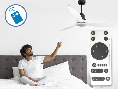 Ventilador de techo Reversible Termostato Dimable Wifi Motor DC Techos Inclinados Mando a Distancia Luz tres tonos Adaptador 2/3 Aspas Hypersilence Memoria 7
