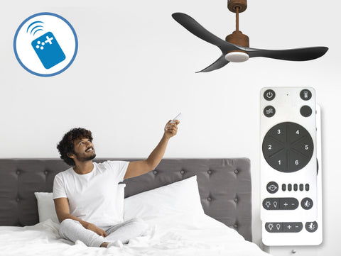 Ventilador de techo Reversible Termostato Dimable Wifi Motor DC Techos Inclinados Mando a Distancia Luz tres tonos Hypersilence Memoria 7