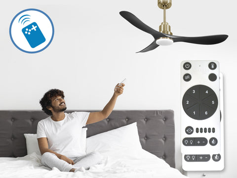 Ventilador de techo Reversible Termostato Dimable Wifi Motor DC Techos Inclinados Mando a Distancia Luz tres tonos Hypersilence Memoria 6