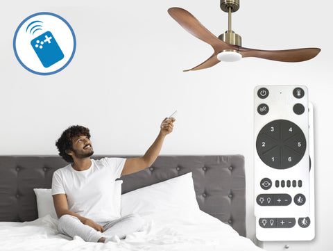 Ventilador de techo Reversible Termostato Dimable Wifi Motor DC Techos Inclinados Mando a Distancia Luz tres tonos Hypersilence Memoria 5