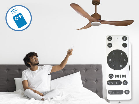 Ventilador de techo Reversible Termostato Dimable Wifi Motor DC Techos Inclinados Mando a Distancia Luz tres tonos Hypersilence Memoria 6