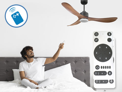 Ventilador de techo Reversible Termostato Dimable Wifi Motor DC Techos Inclinados Mando a Distancia Luz tres tonos Hypersilence Memoria 2