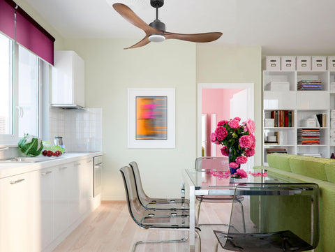 Ventilador de techo Reversible Termostato Dimable Wifi Motor DC Techos Inclinados Mando a Distancia Luz tres tonos Hypersilence Memoria 7